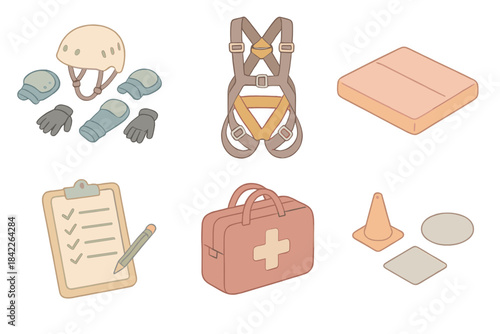 Set of safety gear and equipment, including a helmet, gloves, harness