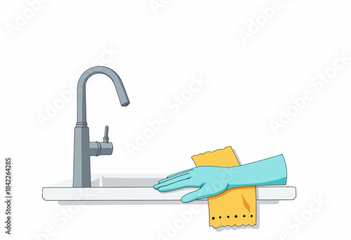 Illustration of a Kitchen Sink with a Faucet, Rubber Glove, and Cleaning Cloth on a White Countertop
