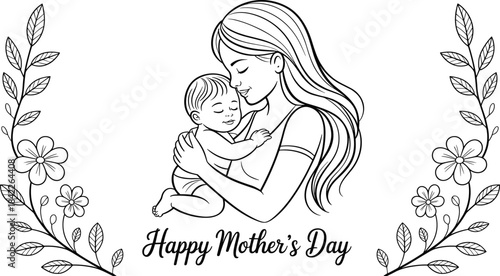 Mother holding baby with floral decorations and Happy Mothers Day text