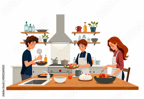 Family enjoying communal cooking activity in a modern kitchen with various ingredients and utensils, showcasing teamwork and harmony in meal preparation