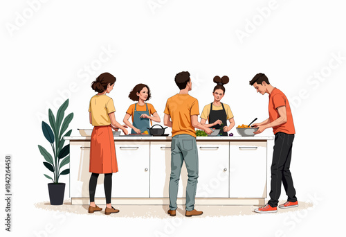 Group Cooking Activity with Young Adults Preparing a Meal Together in a Modern Kitchen Setting Promoting Teamwork and Culinary Skills