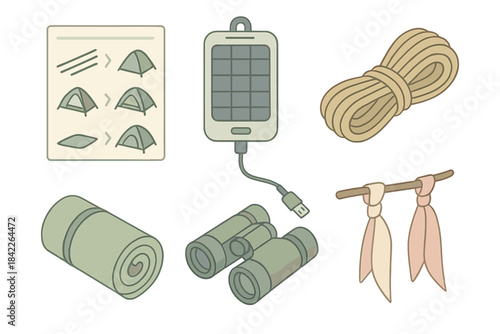 Collection of camping gear including a tent, sleeping bag, and a cell phone