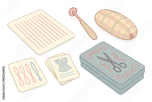 Collection of sewing supplies including scissors, a needle, and a thimble