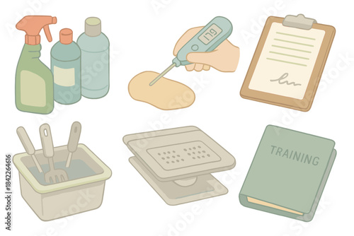 Set of six images of kitchen items and a training book