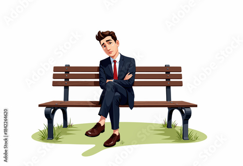 Thoughtful young man in a business suit sitting alone on a wooden park bench with crossed arms and legs, contemplating in a serene outdoor setting.