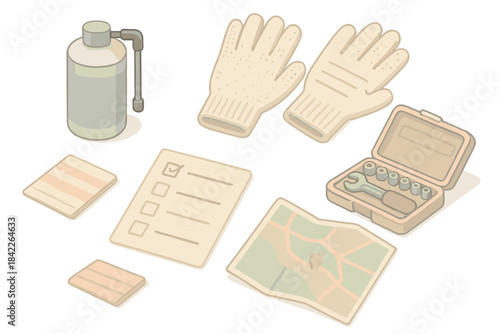 Set of tools and a map are laid out on a table