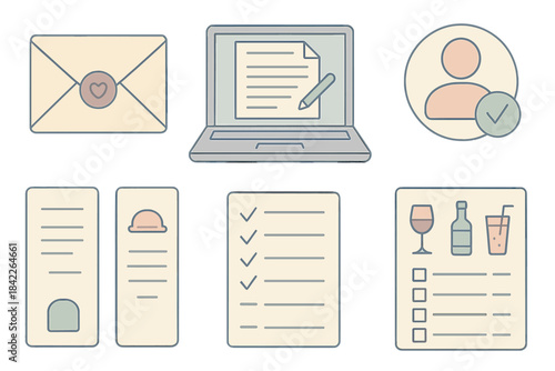 Set of icons for a computer screen, including a laptop, a wine glass, a bottle