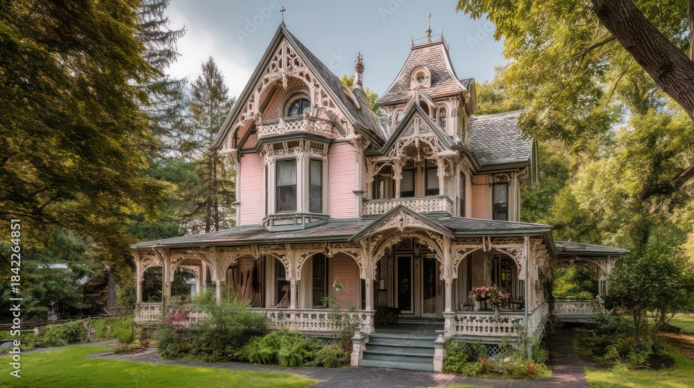 Fototapeta premium Victorian-style American home ornate woodwork wraparound porch decorative gables and pastel-painted siding surrounded by a well-kept garden and