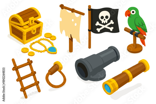 Collection of pirate themed items including a pirate flag, a pirate ship