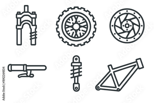 Set of bike parts are shown in a black and white drawing