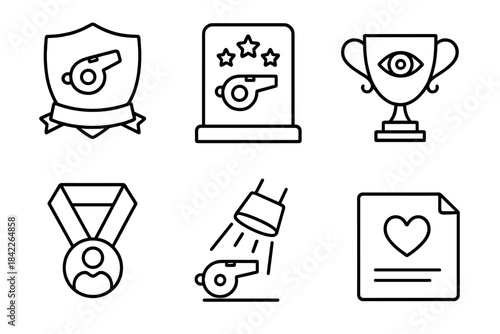Set of six sports icons, including a whistle, a trophy, and a heart