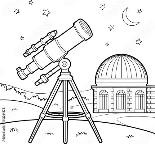 Telescope and Observatory Building with Stars and Moon