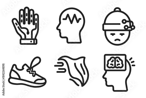 Set of six black and white icons, including a hand, a shoe, a brain