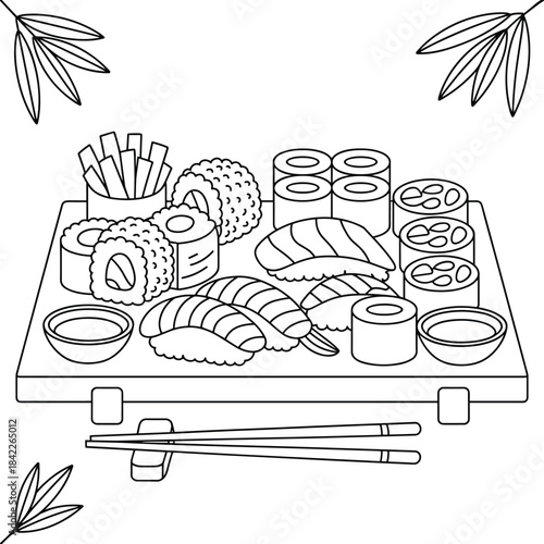 Sushi and sashimi on a wooden table with chopsticks and wasabi