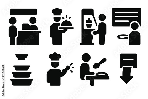Series of black and white icons depicting various restaurant scenes