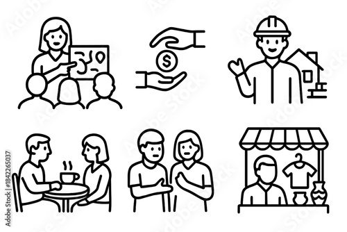 Series of black and white illustrations of people in various situations