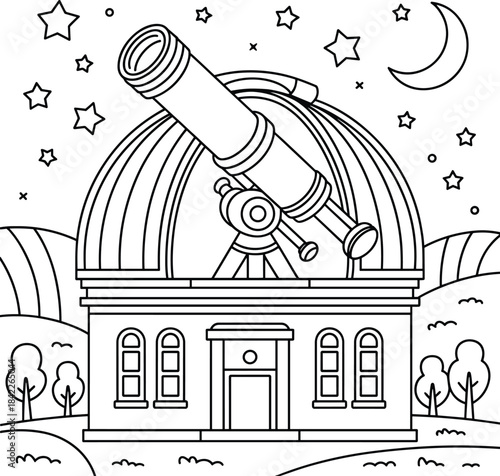 Black and white line of an observatory with a telescope under a starry sky