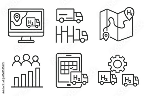 Series of icons for transportation and logistics, including a map, a tablet