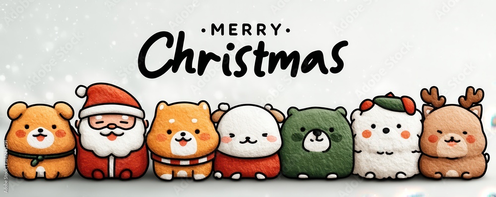 Fototapeta premium Merry Christmas: cute cartoon animals lined up in a festive group portrait