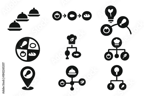 Series of food icons, including a chef, a pizza, and a salad