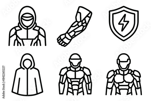 Set of six different line drawings of people in various costumes