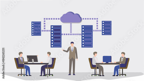 Illustration of a cloud computing network with people working at desks and a presenter in the middle