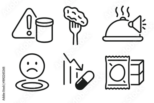 Series of icons with a sad face and a box with a pill in it