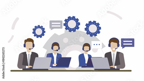Illustration showing four customer service representatives with headsets and laptops at a desk with gears