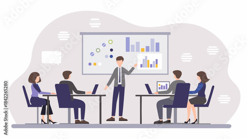 Illustration of a business presentation with a man presenting data to a group of people in a conference room
