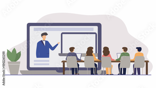 Illustration of people attending an online lecture with a presenter on a large computer screen display