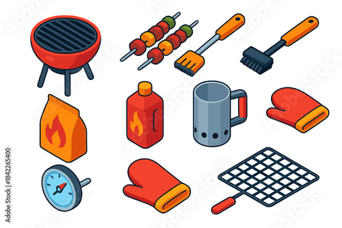 Collection of items related to outdoor cooking, including a grill, tongs