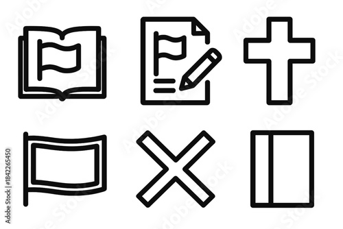 Flag, book, pen, cross, x, and book