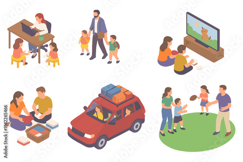 Series of images depicting various family activities, including a man