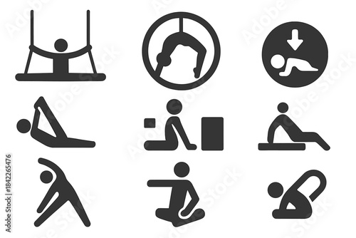 Series of black and white icons of people doing various exercises