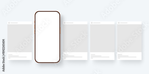 Smartphone mockup with blank social media posts templates for presenting digital content