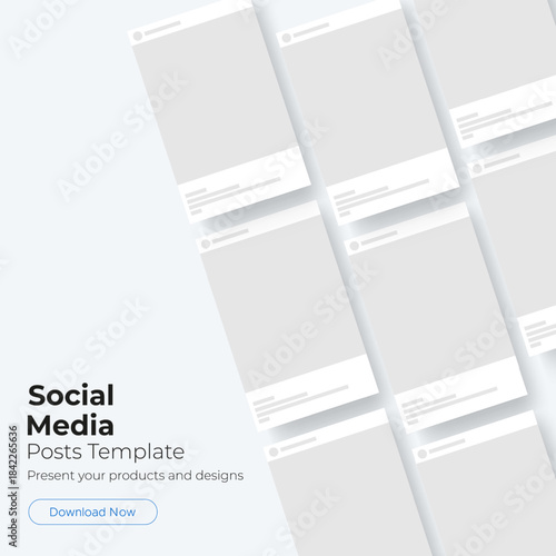 Social media posts templates with blank frames in grid layout on light background for presenting designs and online content