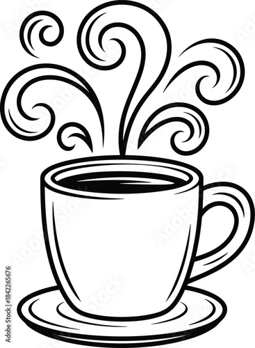 Black and white cup of coffee with steam beverage