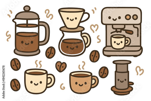Cartoon drawing of coffee cups and a coffee maker