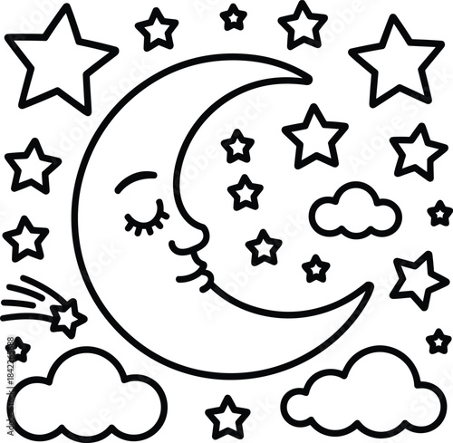 Cute cartoon moon with stars and clouds in black and white