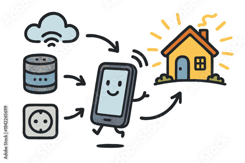 Cartoon drawing of a house with a smiling cell phone in the middle