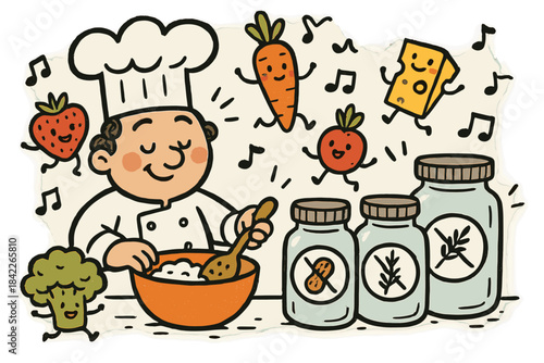 Cartoon chef is making a salad with a bowl of broccoli and carrots