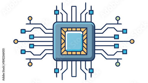 Flat Style AI Chip Vector Illustration – Micro Circuit Board Design, Modern Processor Icon with Geometric Traces and Clean Minimal Tech Layout