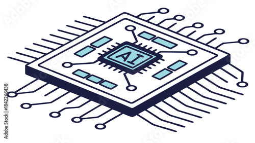 Flat Style AI Chip Vector Illustration – Micro Circuit Board Design, Modern Processor Icon with Geometric Traces and Clean Minimal Tech Layout