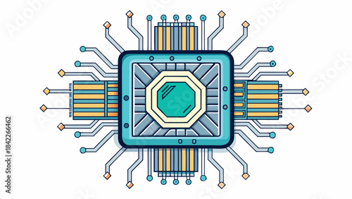 Flat Style AI Chip Vector Illustration – Micro Circuit Board Design, Modern Processor Icon with Geometric Traces and Clean Minimal Tech Layout