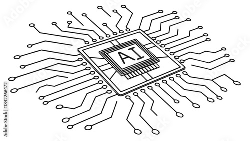 Flat Style AI Chip Vector Illustration – Micro Circuit Board Design, Modern Processor Icon with Geometric Traces and Clean Minimal Tech Layout