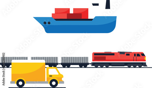 Cargo transportation by ship train and truck with containers