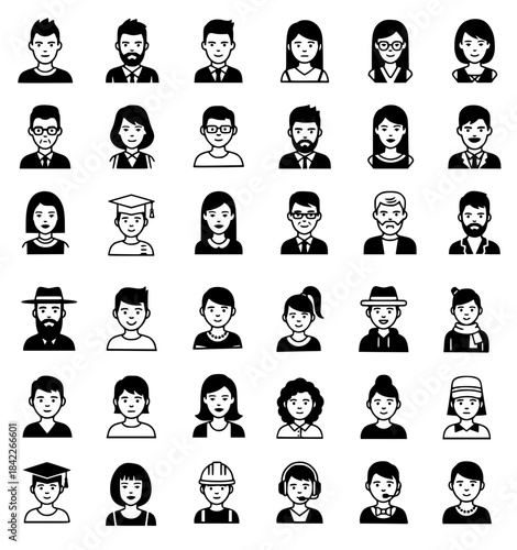 Diverse collection of illustrated characters featuring various professions, ages, and styles, showcasing a range of expressions and attire in a monochrome design for creative projects