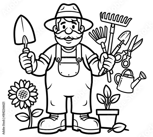 Happy gardener character holding gardening tools like trowel and rake, surrounded by plants and flowers, showcasing a cheerful gardening theme in a coloring page illustration