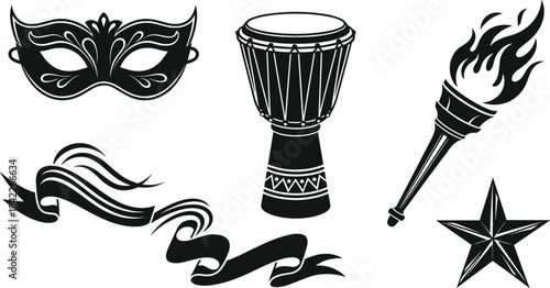 Collection of celebration and event symbols including mask drum torch and ribbons