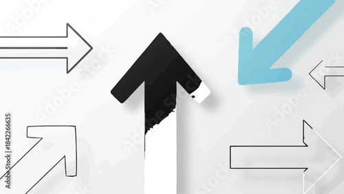 Black Textured Upward Arrow Standing Out Among Multiple Outline and Blue Directional Arrows isolated PNG with Transparent Background